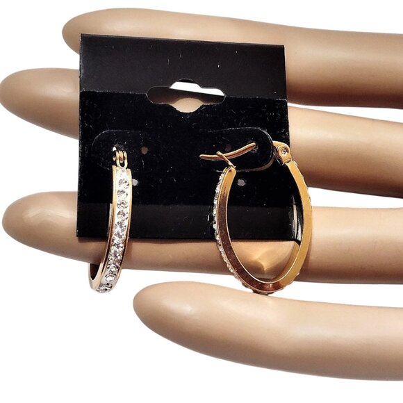 1 Inch Long Crystal Channel Hoops Gold Tone 25mm Pierced Oval - Picture 2 of 3